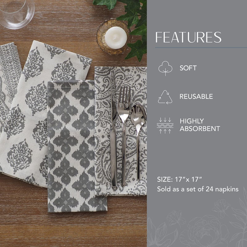 Elrene Home Fashions Everyday Casual Prints Assorted Fabric Napkins, Decorative Cloth Napkins and Table Accessories, 17" X 17", Gray, Set of 24 - Image 3